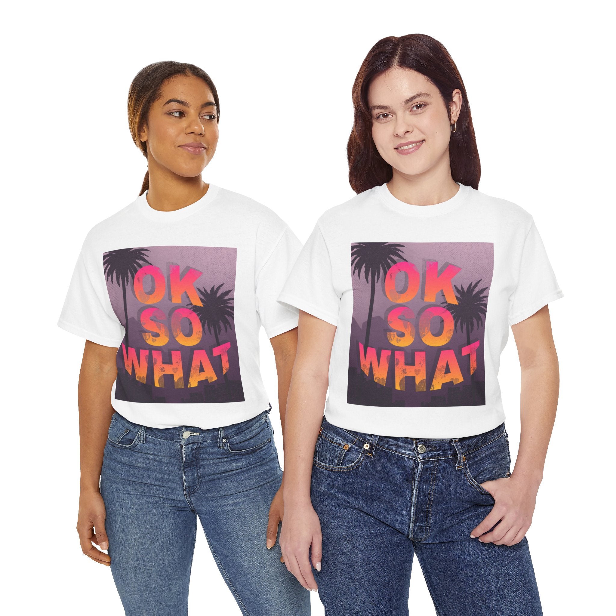 OK SO WHAT Palm Sunset Graphic Tee — Casual Retro Vacation Vibe