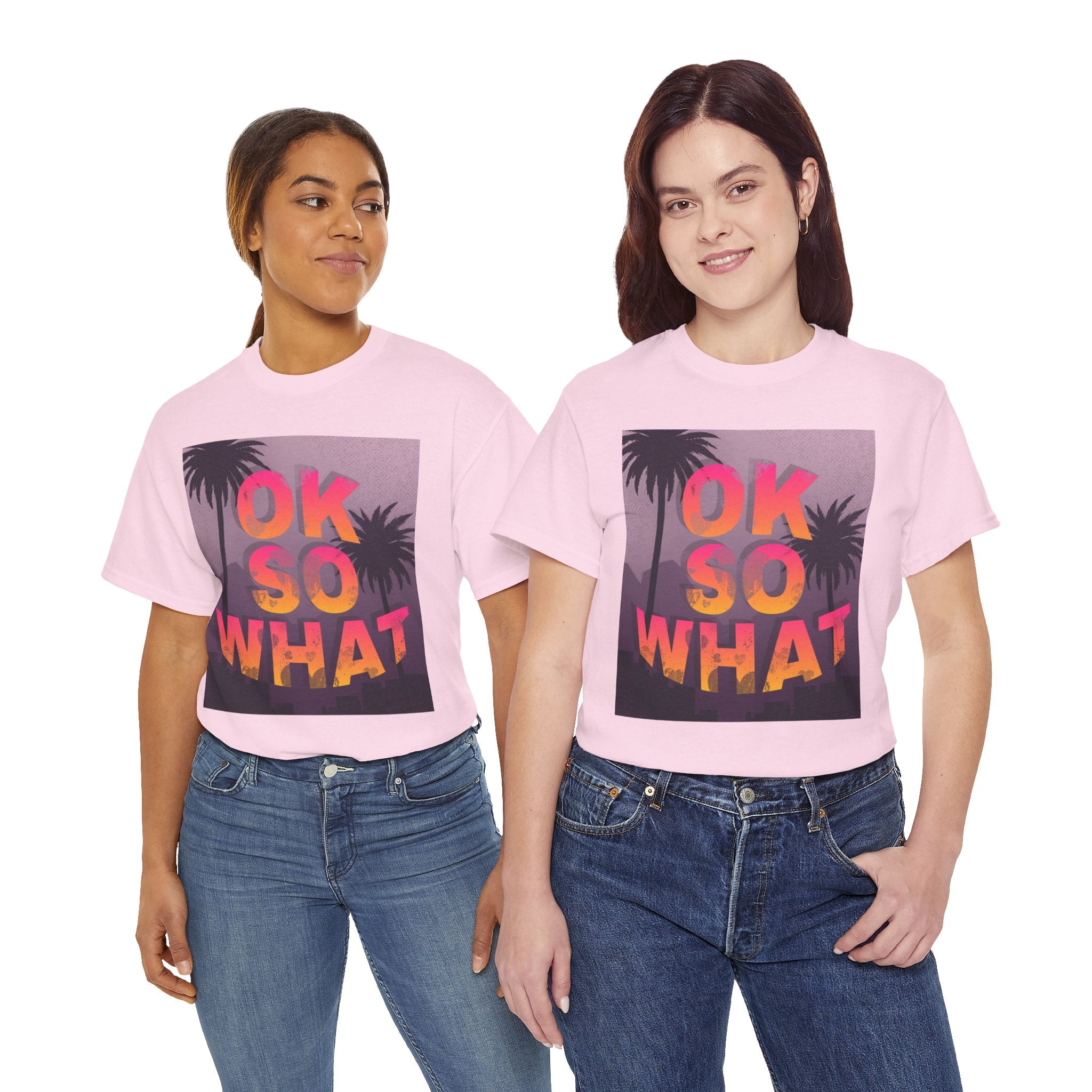 OK SO WHAT Palm Sunset Graphic Tee — Casual Retro Vacation Vibe