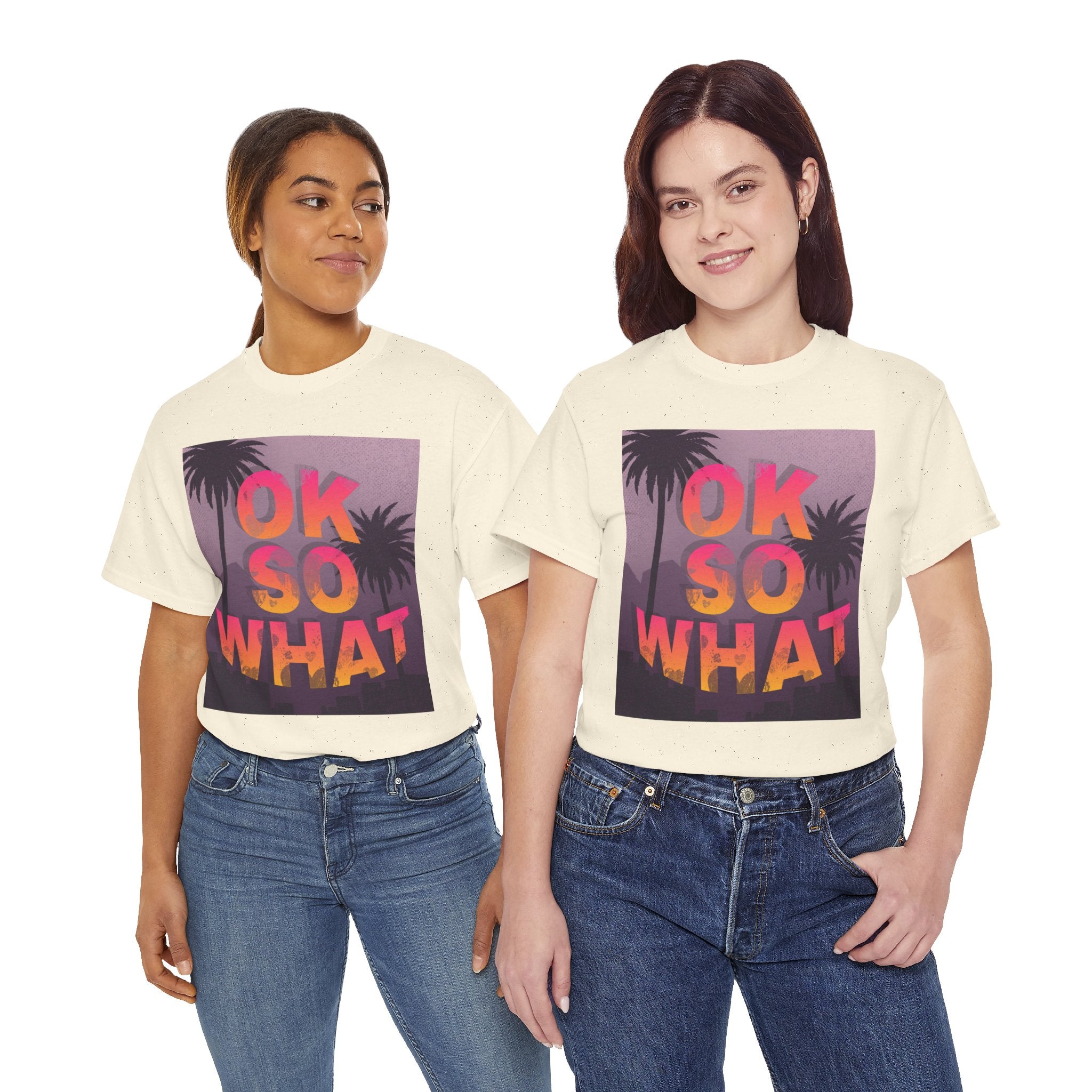 OK SO WHAT Palm Sunset Graphic Tee — Casual Retro Vacation Vibe