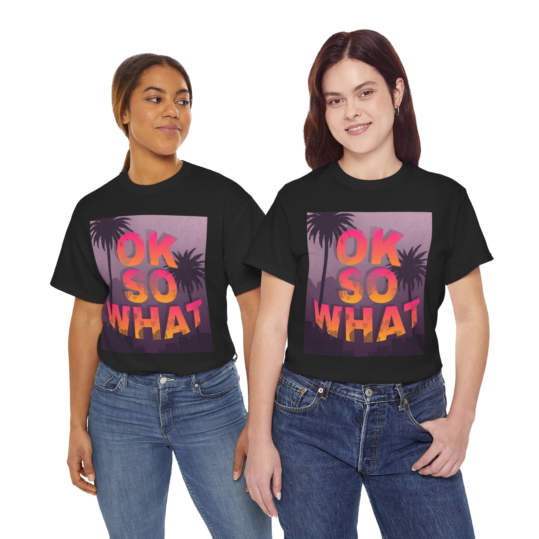 OK SO WHAT Palm Sunset Graphic Tee — Casual Retro Vacation Vibe
