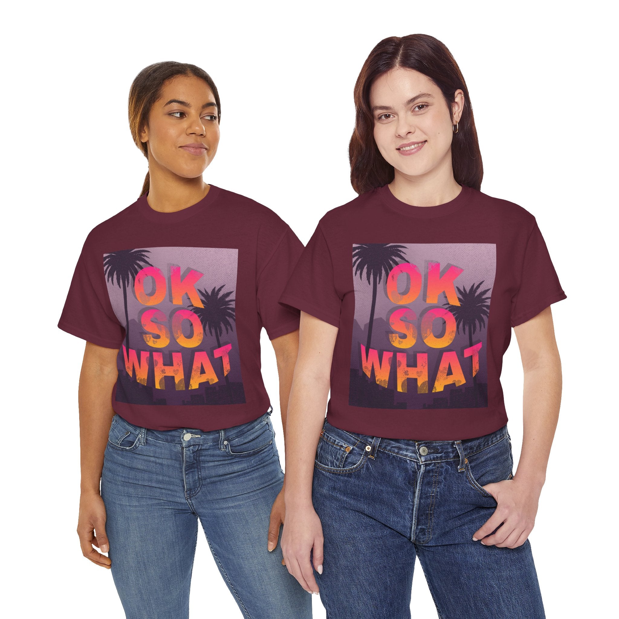 OK SO WHAT Palm Sunset Graphic Tee — Casual Retro Vacation Vibe