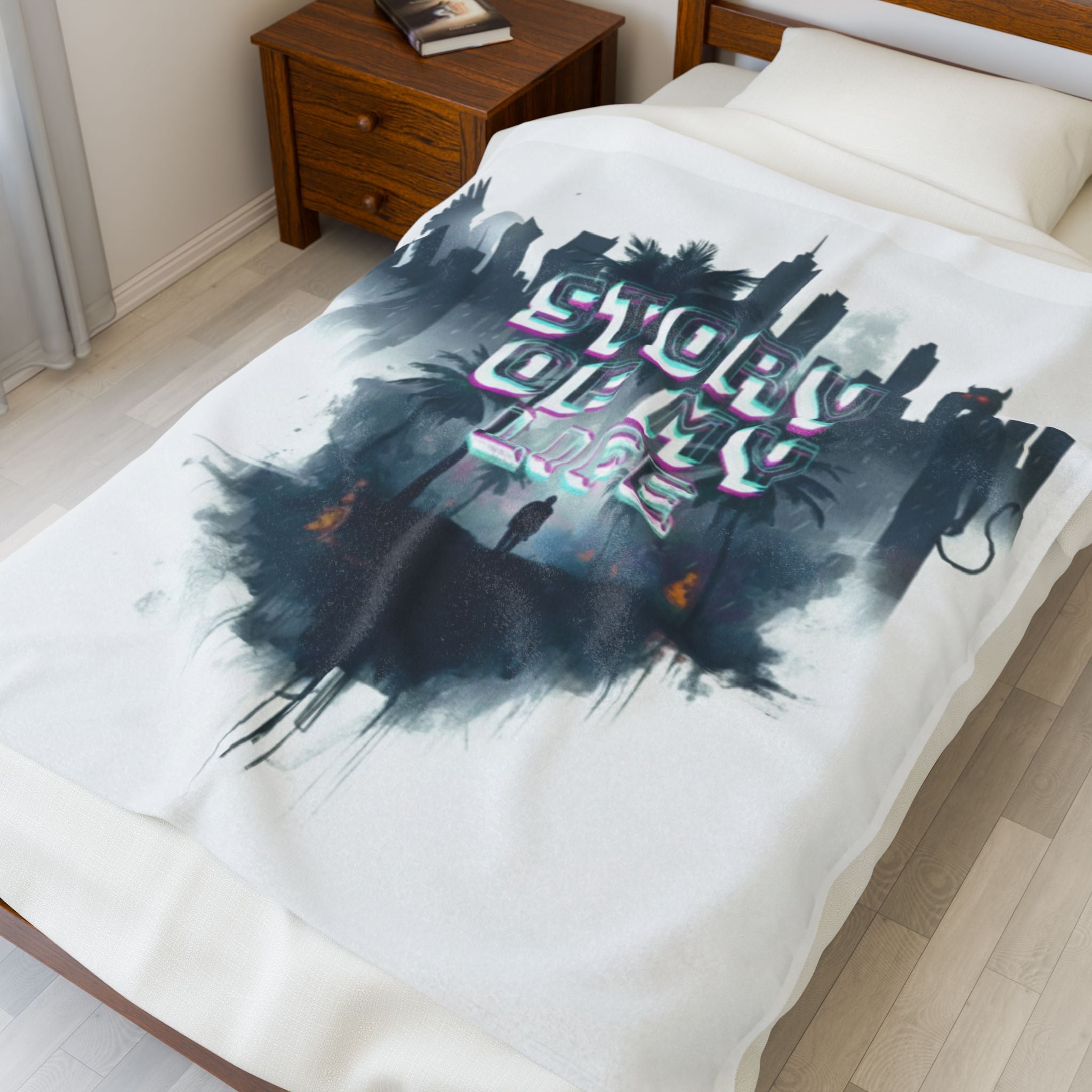 Story Of My Life Velveteen Plush Blanket - Moody Cityscape Graphic Throw