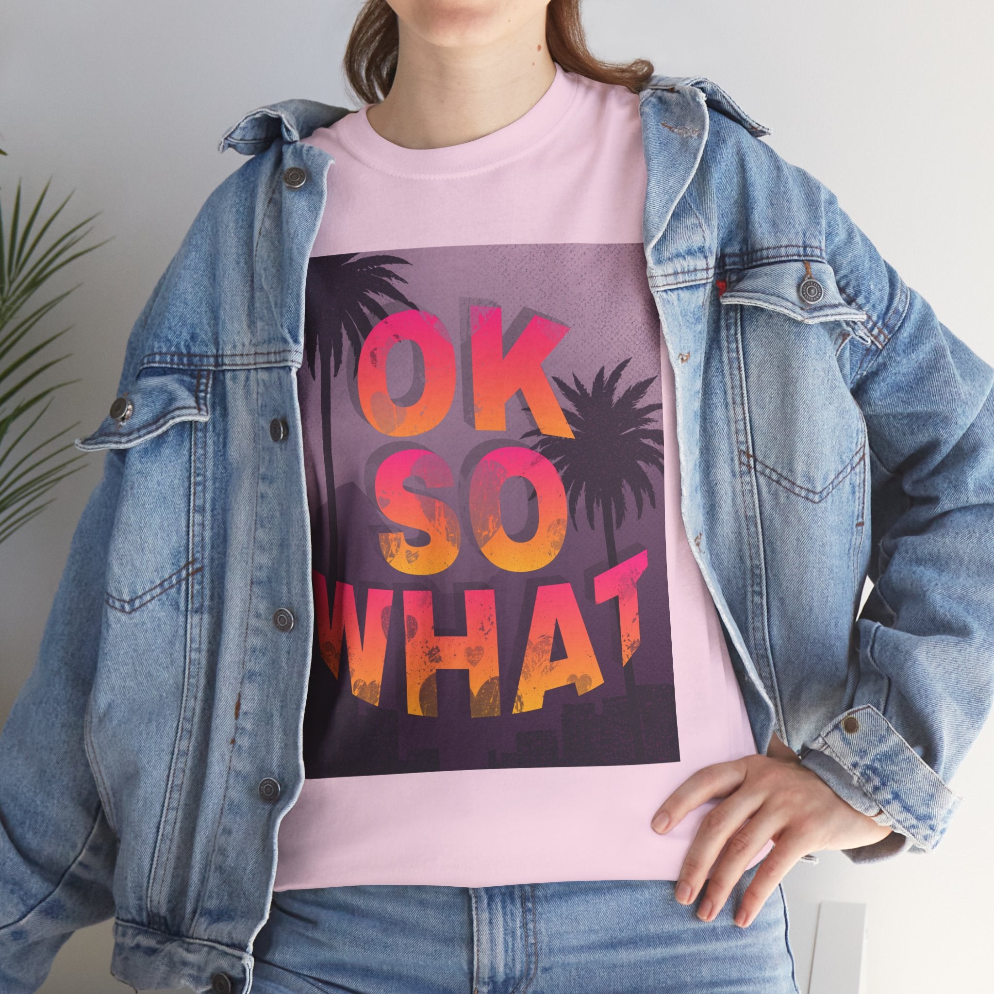 OK SO WHAT Palm Sunset Graphic Tee — Casual Retro Vacation Vibe