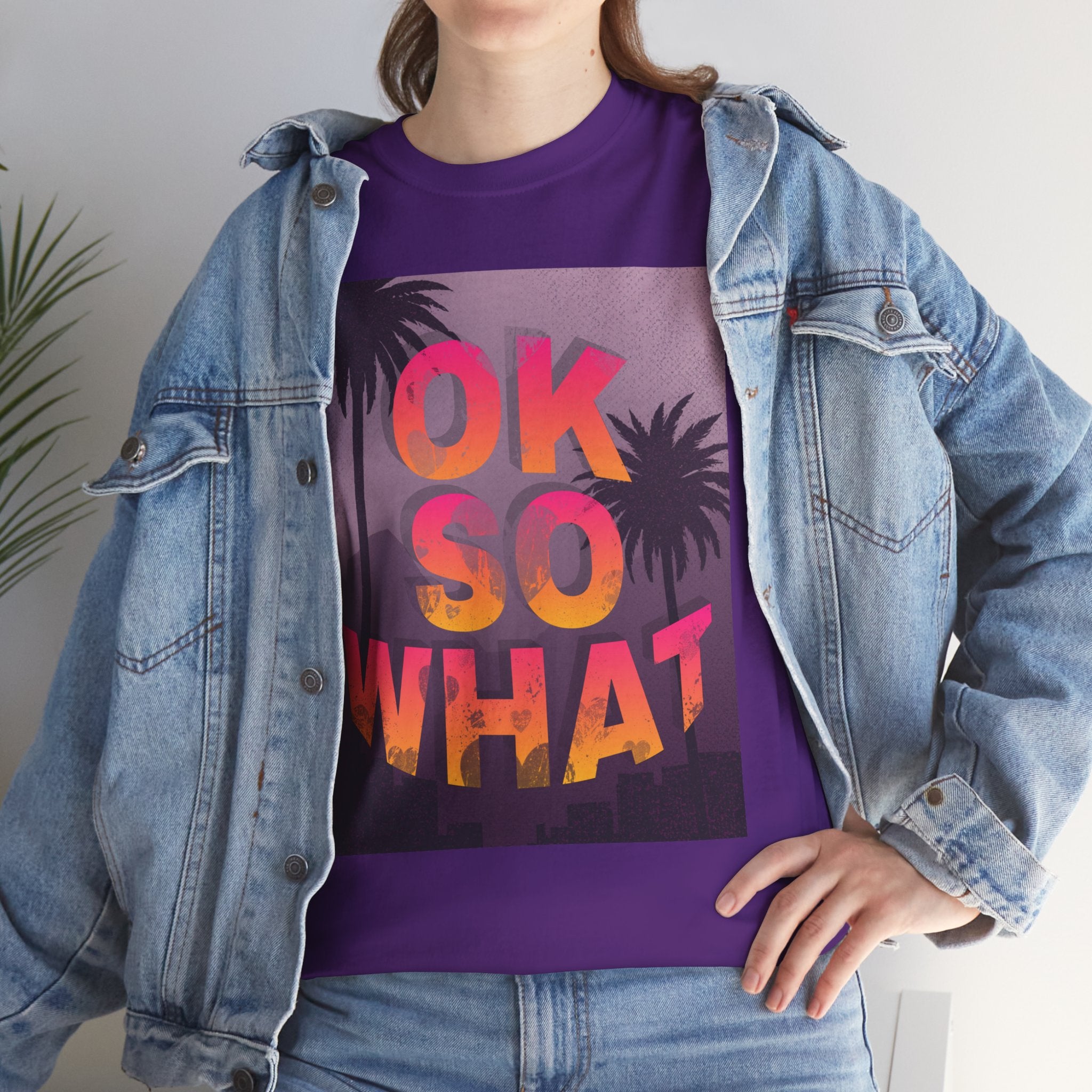 OK SO WHAT Palm Sunset Graphic Tee — Casual Retro Vacation Vibe