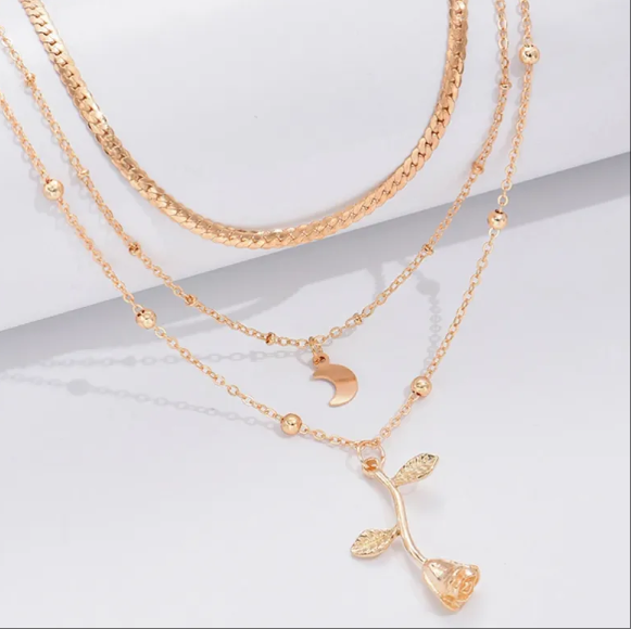 Bohemia Multilayer Moon Gold Color Pendant Necklaces For Women Rose Flower Choker Necklace 2025 Fashion Jewelry Party Gift Valentine's Day Gifts
