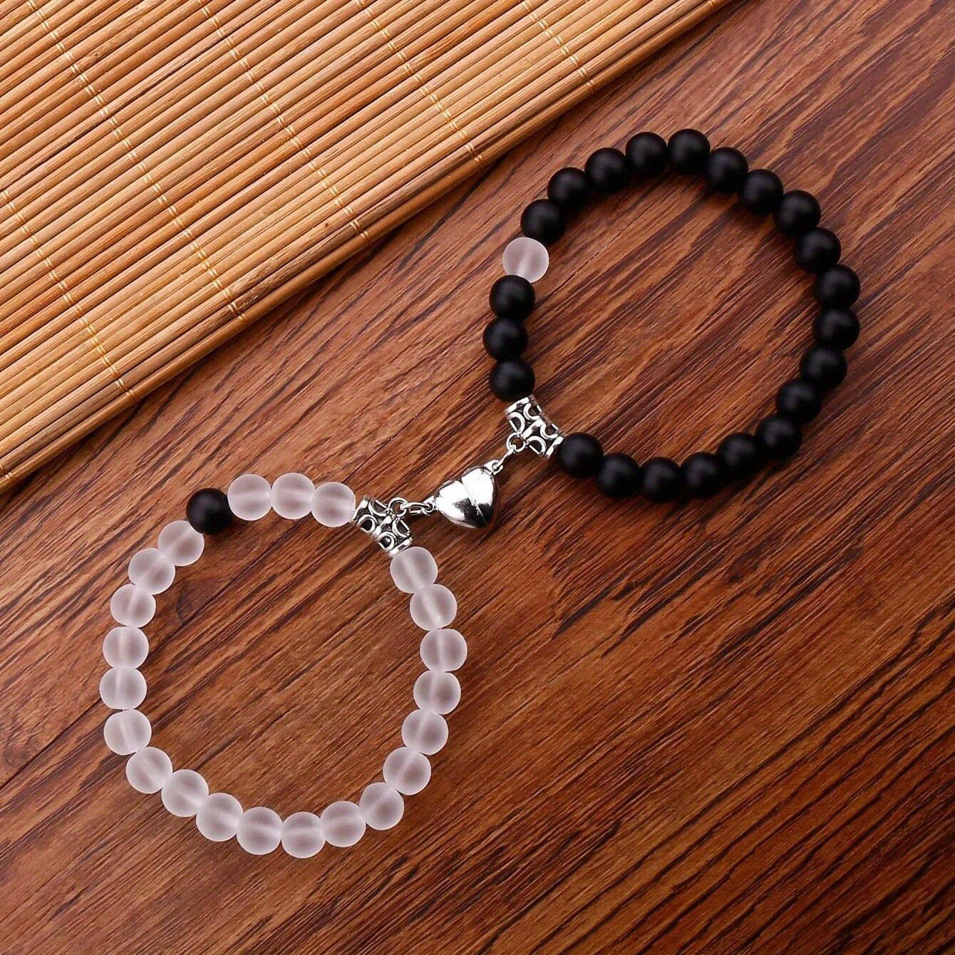 Magnetic Couple Bracelet with Stone Beads Heart Design