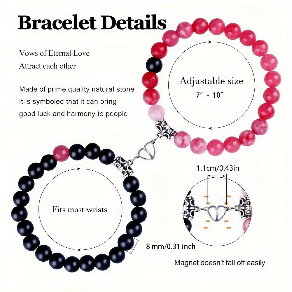 Magnetic Couple Bracelet with Stone Beads Heart Design